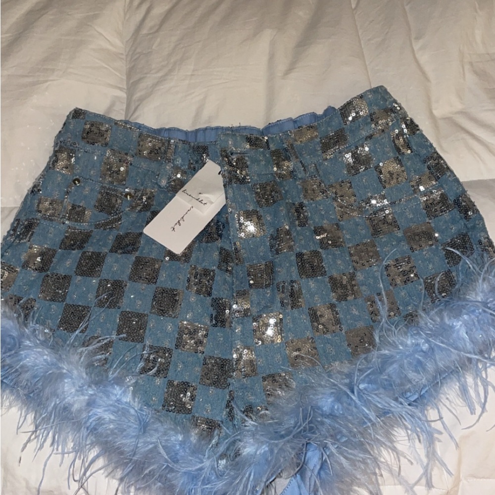Line & Dot Blue and Silver Checkered Sequin Shorts
